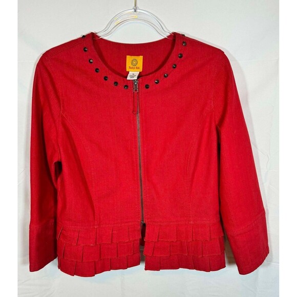 Pre-owned Ruby Rd. Red Jean Front and sleeve Zip Jacket size 10 - Picture 1 of 7